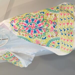 Jodifl white blouse w/neon puffy sleeves and dainty little neckline stripes (M)